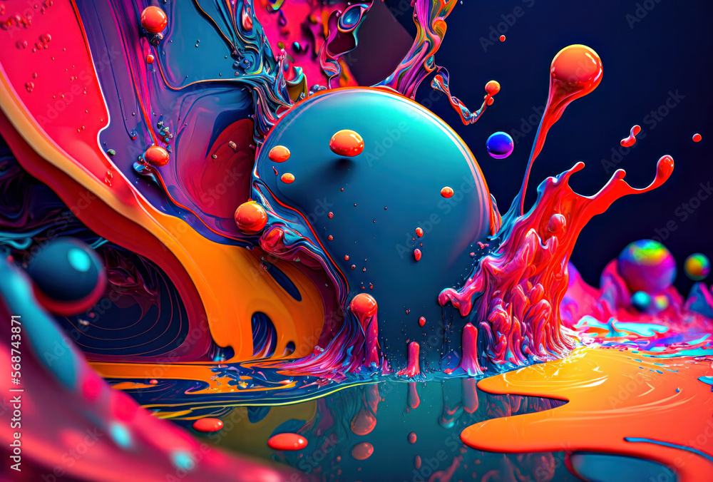 Wall mural 3d render of abstract colorful background with oil drops and bubbles.