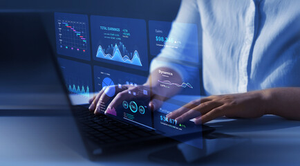 Business finance data analytics graph.Financial management technology.Advisor using KPI Dashboard on virtual screen. - obrazy, fototapety, plakaty