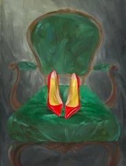 Foto auf Acrylglas heels on the chair. oil painting. illustration © Anna Ismagilova