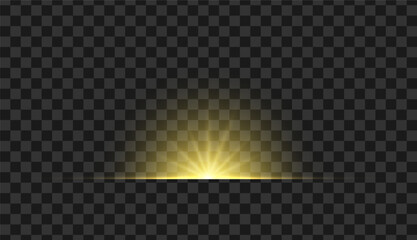 Golden glowing light. Gold glow flash with sparcle. Vector sunrise effect. Realistic shiny beam set