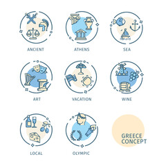 Greece Travel and Tourism Concept Thin Line Icons Labels Set Include of Vacation, Wine, Art and Athens. Vector illustration