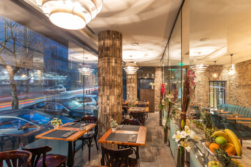 Restaurant interior with food buffet table