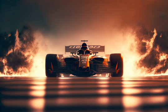 3D rendering , Sport Car Raceing on race track with fire burning , Car wheel drifting , Generative Ai