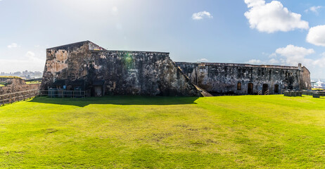 A view between battlements in of the Castle of San Cristobal, San Juan, Puerto Rico on a bright...