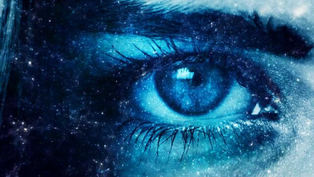 woman blue eye with stars moving forward