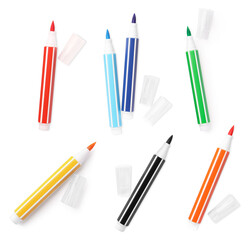 Set of different bright colorful markers on white background