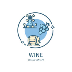 Greece Wine Travel and Tourism Thin Line Icon Concept Include of Windmill and Bunch of Grape. Vector illustration
