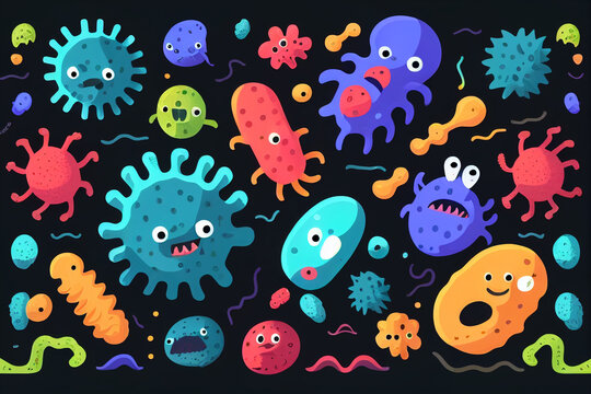 microbes and bacteria cartoon on black background
