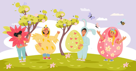 Happy Easter, cute children cartoon characters in a costume of rabbit, flowers and chick in spring garden, flat vector illustration.