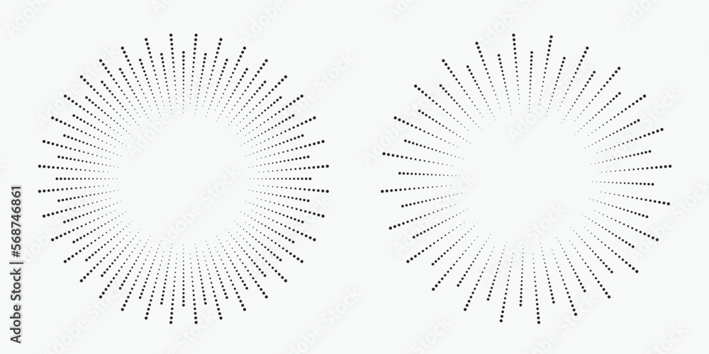 Aufkleber Radial halftone dots in Circle Form. Dotted fireworks explosion background. Starburst round Logo. Circular Design element. Abstract Geometric star rays.
