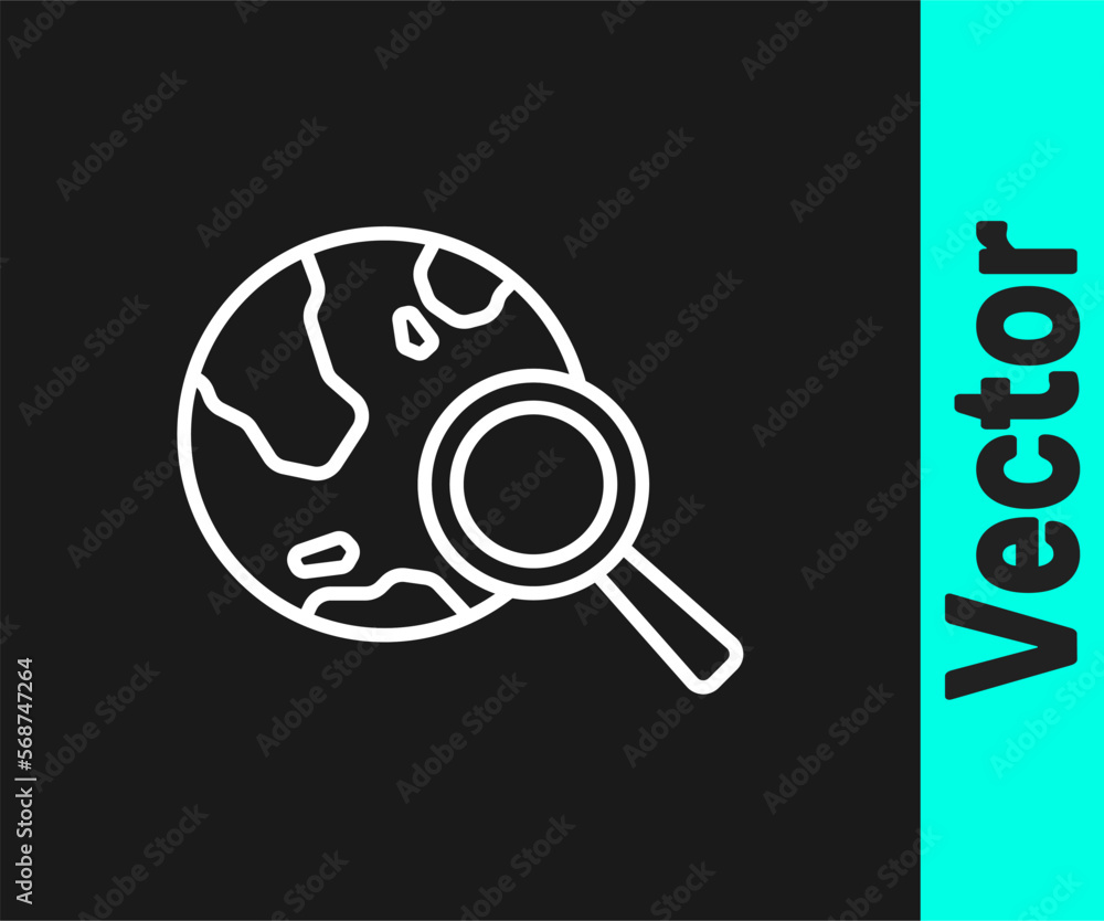 Poster white line magnifying glass with globe icon isolated on black background. analyzing the world. globa