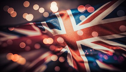 close up UK,  United Kingdom  national flag flew in wind with bokeh light, idea for national federal holiday celebration theme background wallpaper, Generative Ai - obrazy, fototapety, plakaty