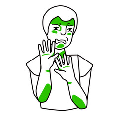 Boy with disgust emotion. Disgusted male kid, loathing schoolboy with sickness and repugnance. Adolescent raised his hands. Half body, line with green spots drawing.