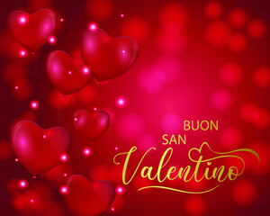 biglietto o striscione per augurare un buon San Valentino in oro su sfondo rosso sfumato con cerchi in effetti bokeh, palloncini a forma di cuori rossi e cerchi bianchi e rossi