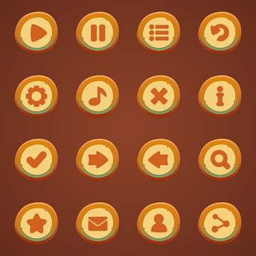 A Collection of GUI Vector lite brown round buttons with icons of the user interface of casual mobile games and applications. Modern lite brown round buttons in cartoon style.