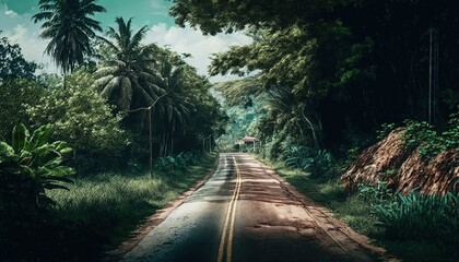 tropical forest along side the long countryside road, Generative Ai	
