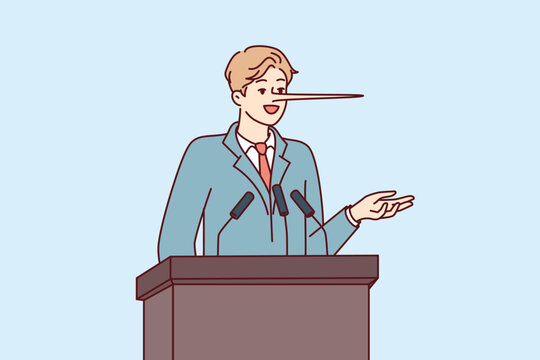 Dishonest man politician with long nose stands behind podium during election campaign. Statesman in business attire makes false and populist statements to potential voters