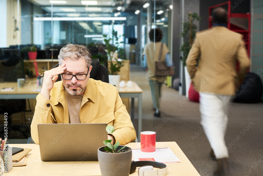 Aufkleber serious analyst or manager analyzing online data while sitting in front of laptop by workplace agaia