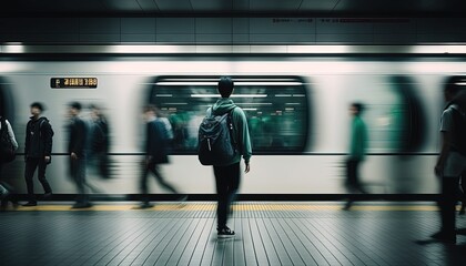illustration of urban rush hour at underground train transit with blur defocused crowd of people	
 - obrazy, fototapety, plakaty