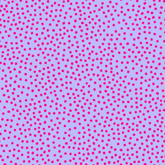 Seamless neon polka dots pattern. Pink color hand-drawn circles on violet background. Abstract Random points ornament. Vector bright illustration for wallpaper, fabric, print, wrapping paper, textile