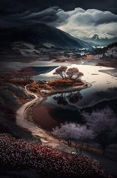 Korean mystical landscapes, dramatic skies. Generative AI. © ART IS AN EXPLOSION.