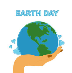 Earth Day. Hand holding earth with hearts.Vector illustration in flat style.