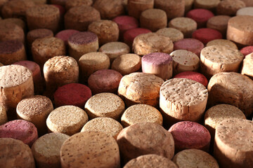 Many corks of wine bottles as background, closeup