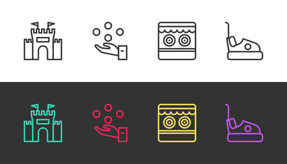 Set line Castle, Juggling ball, Shooting gallery and Bumper car on black and white. Vector