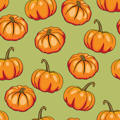 Seamless pattern with halloween pumpkins on color background. Scary and funny faces. Cute Pumpkin or ghost. Vector autumn holidays illustration