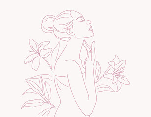 Beautiful young woman in towel doing skin care on her face, with flowers and leaves plants background, Linear logo minimalist style, 
organic cosmetic skin care banner. Vector design illustration.