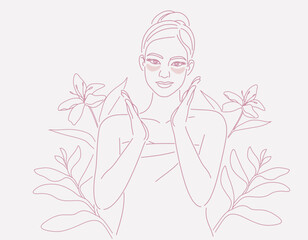 Beautiful young woman in towel doing skin care on neck area, with flowers and leaves plants background, Linear logo minimalist style, 
organic cosmetic skin care banner. Vector design illustration.