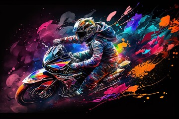 A moto rider riding a powerful motorbike incolorful flames with dark background. Generative ai	
