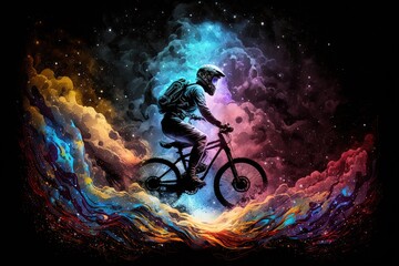 A cyclist riding an MTB burning on fire of different colors with dark background, Generative ai.	