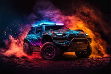 Fototapeta na wymiar A Paris Dakar car burning on fire of different colors with dark background, Generative ai. 