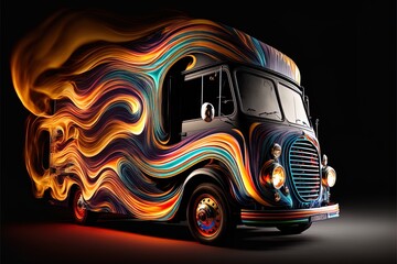 A creative van burning on fire of different colors with dark background, Generative ai.	