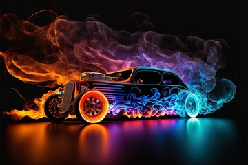 A hot rod burning on fire of different colors with dark background, Generative ai.	