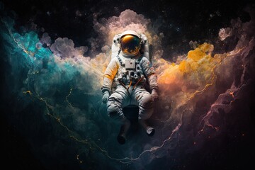 Fototapeta premium An astronaut burning on fire of different colors with dark background, Generative ai. 