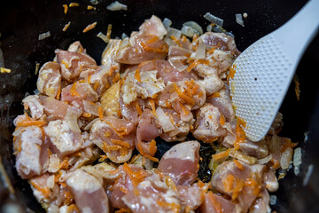 Pieces of pork meat for barbecue marinated in bowl