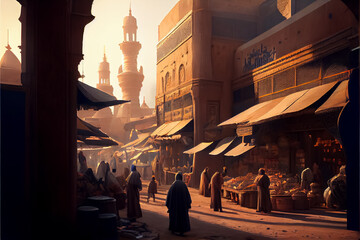 illustration of old arabian city with bazar and sunset light. AI