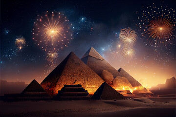 Fototapeta na wymiar illustration of pyramid in Egypt with fireworks on night sky. AI