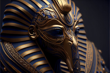 illustration of golden stylized pharaoh gold mask at black backgroond. AI