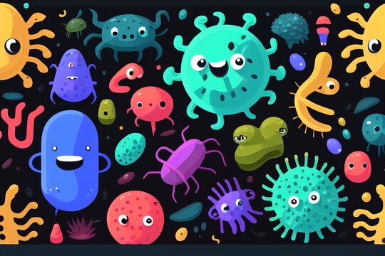 microbes and bacteria cartoon on black background