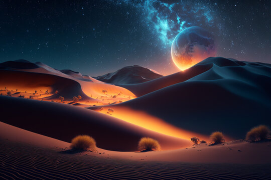  Strange red desert planet with dunes and a big moon rising. Created with Generative AI technology.