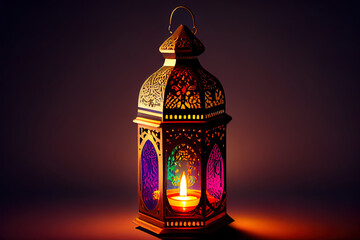 Arabic lantern with burning candle. Generative Ai