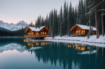 Fototapeta premium Cabin in the forest by the lake during winter, Generative AI