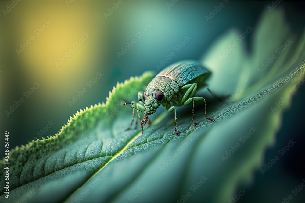 Poster a hazy macro close-up of a bug on a plant leaf generative ai