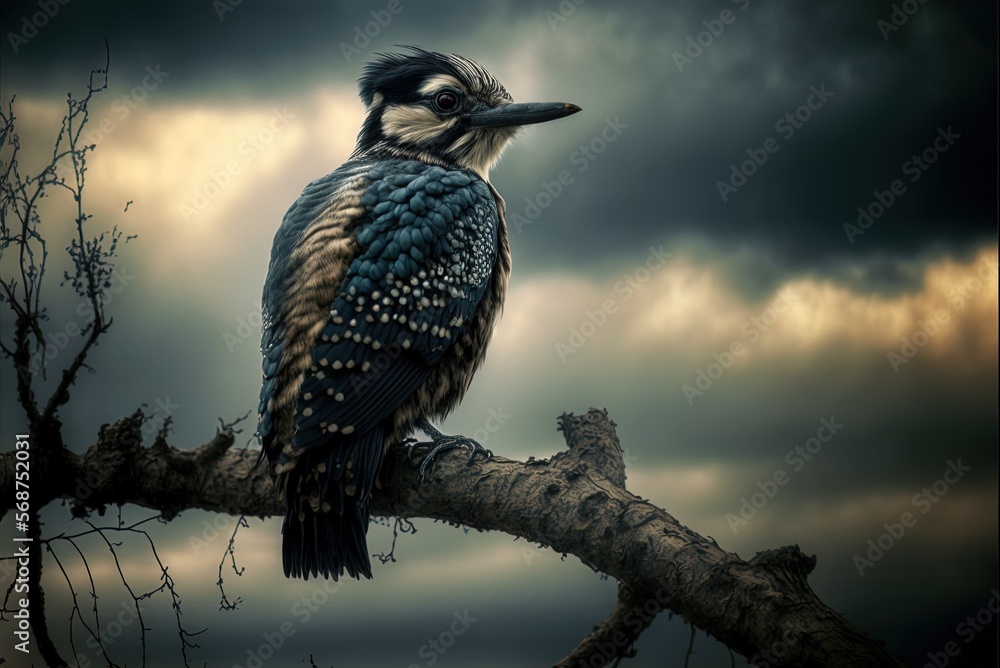 Poster clouds over a woodpecker perched on a branch generative ai