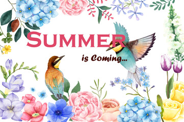 frame with flowers and birds summer is coming