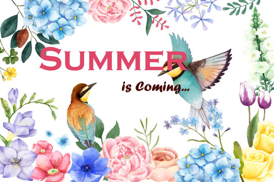 frame with flowers and birds summer is coming