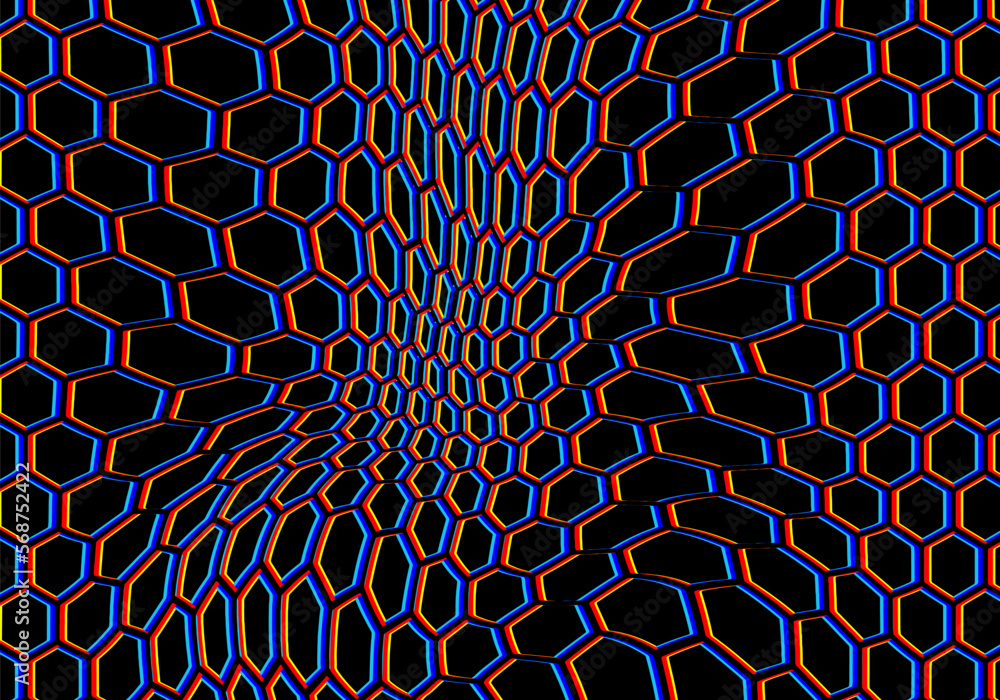 Poster Anaglyph Vector Illustration. Distorted Hexagonal Mesh on Black Background. Abstract Honeycomb Net with Wave